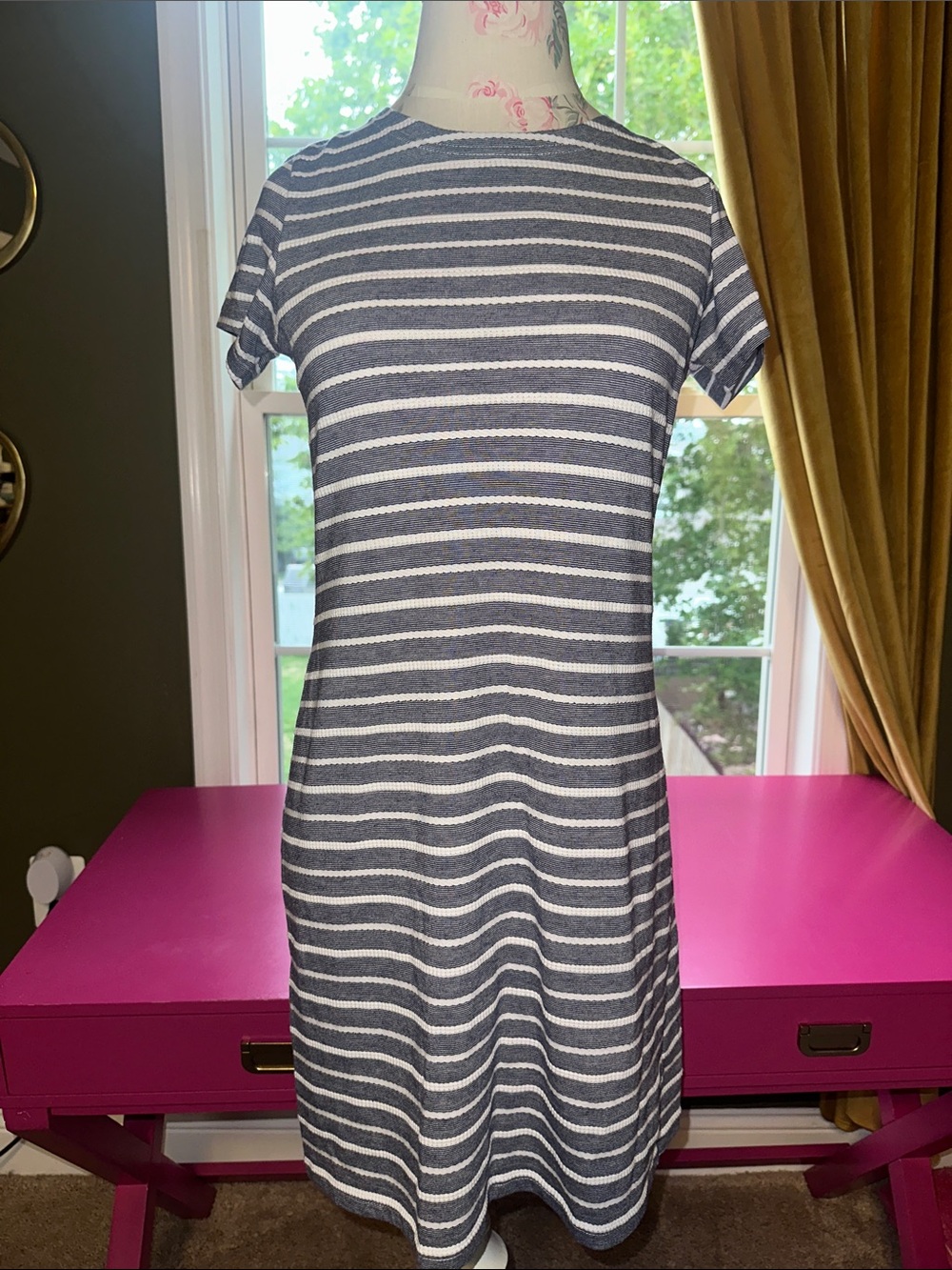 Sail to Sable Navy and White Striped Short Sleeve Shift Mini Dress